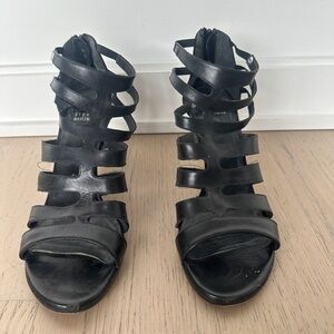 Stuart Weitzman Black Multi-Strap Leather Heeled Sandals